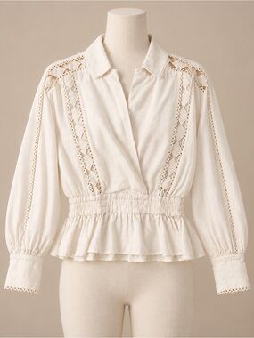 Happy x Nature by Kate Hudson White Ivory Linen Eyelet Lace Peplum Blouse Boho M
